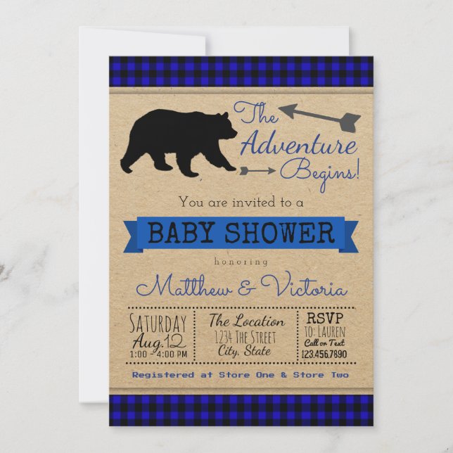 Convites Chá de Bebê Lumberjack Blue Buffalo Xadrez Urso Me (Frente)