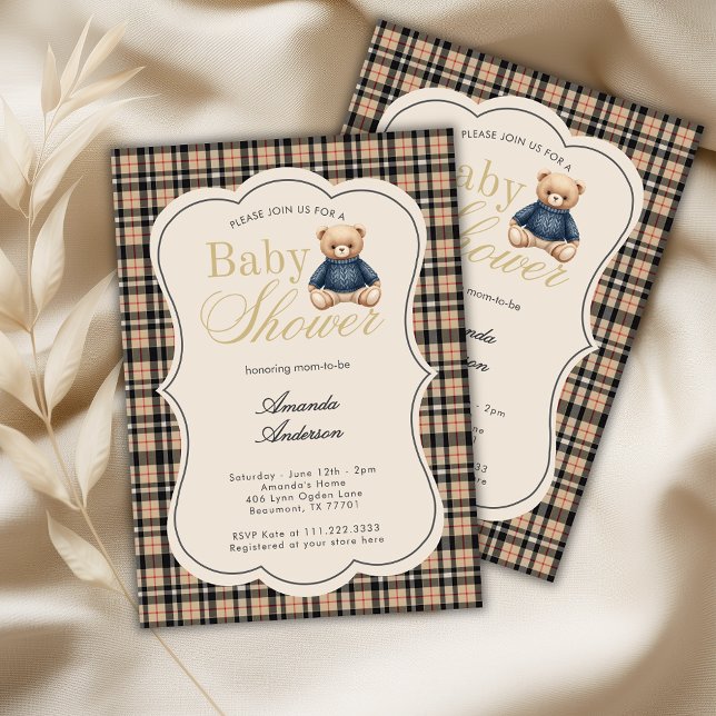 Convites Chá de Bebê Luxo Urso de Pelúcia Polo Preppy Bege (Criador carregado)