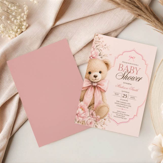 Convites Chá de Bebê Luxo Urso de Pelúcia Rosa com Laço (Criador carregado)