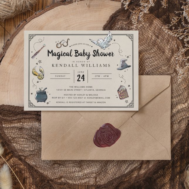 Convites Chá de Bebê Mágico Harry Potter, Coruja & Wan (Invitation on table)