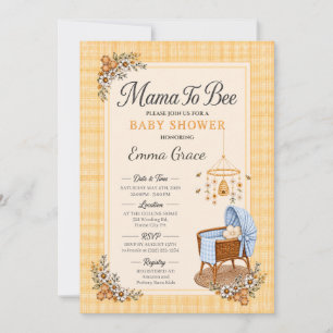 Convites Chá de Bebê Mama to Bee c/ Berço Xadrez Azul