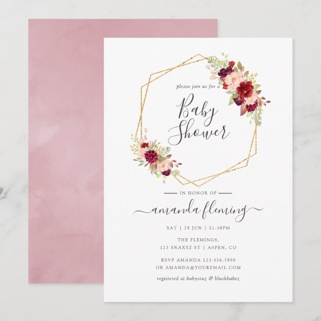 Convites Chá de Bebê Marsala e Blush Boho Geométrico (Frente/Verso)