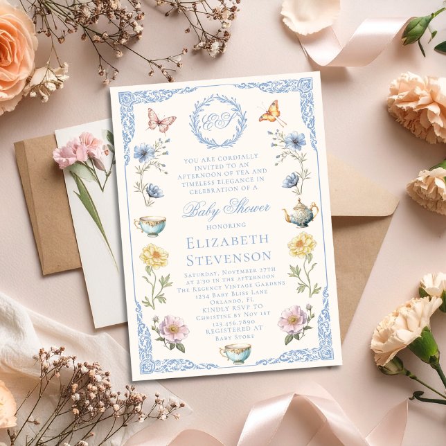 Convites Chá de Bebê Masculino com Tema Floral Regency de F (Criador carregado)