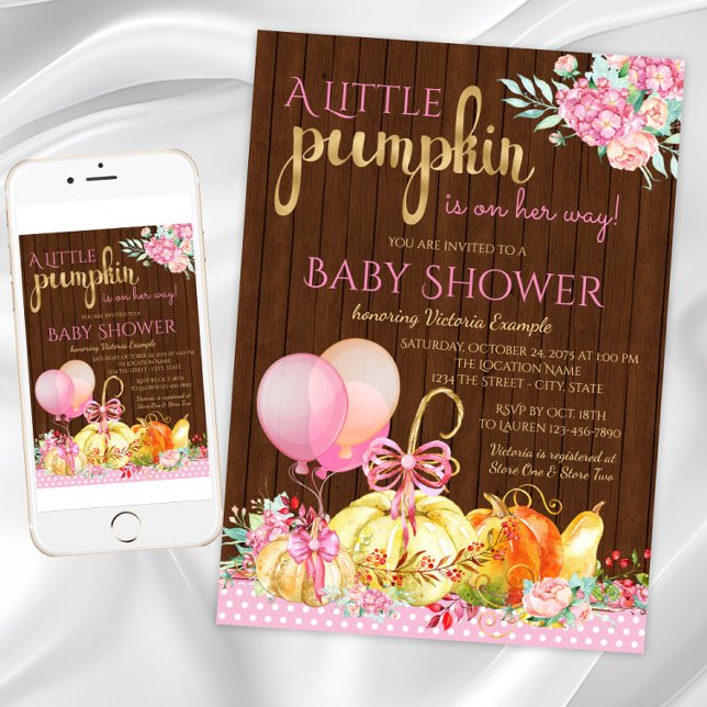 Convites Chá de Bebê Menina Abóbora Pequena Rustico Madeira (Little pumpkin baby shower invitation. Instant download and printed invitations available.)