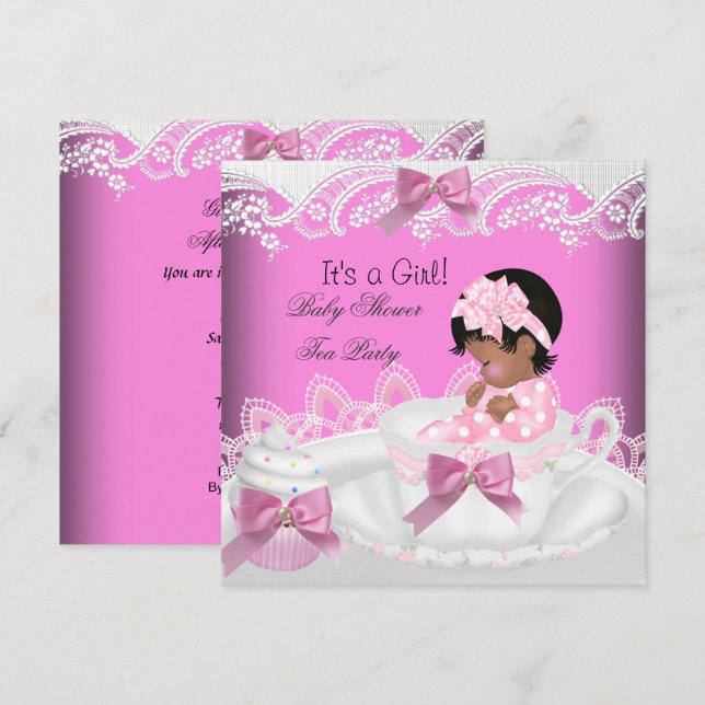 Convites Chá de Bebê Menina Afro-Americana Rosa Bebê Xícara (Frente/Verso)