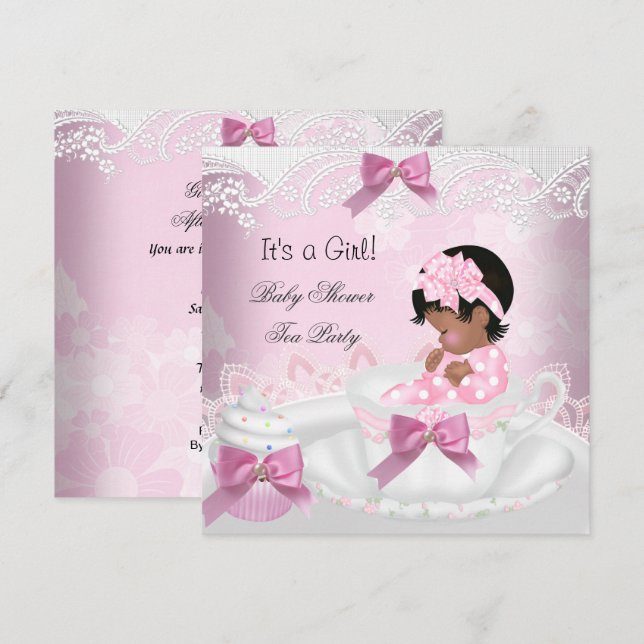 Convites Chá de Bebê Menina Afro-Americana Rosa Bebê Xícara (Frente/Verso)
