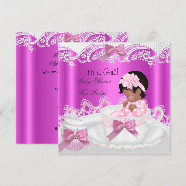 Convites Chá de Bebê Menina Afro-Americana Rosa em Xícara (Frente/Verso)