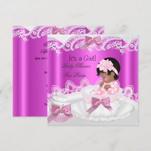 Convites Chá de Bebê Menina Afro-Americana Rosa em Xícara d