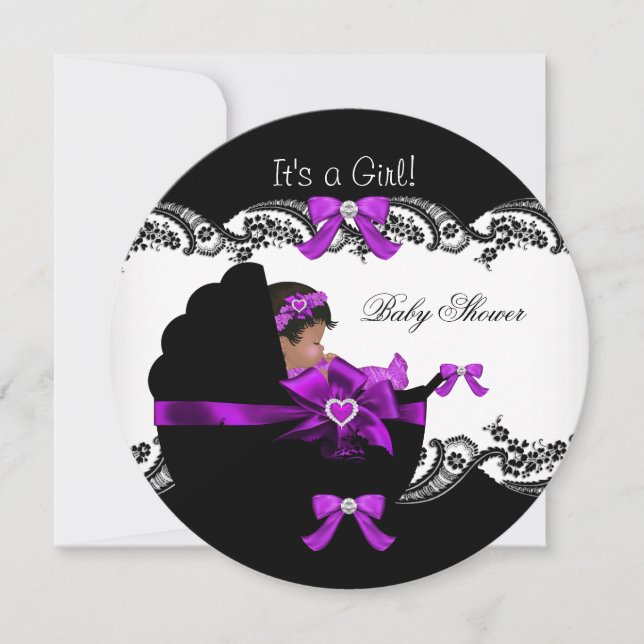 Convites Chá de Bebê Menina Afro-Americana Roxo Rosa (Frente)