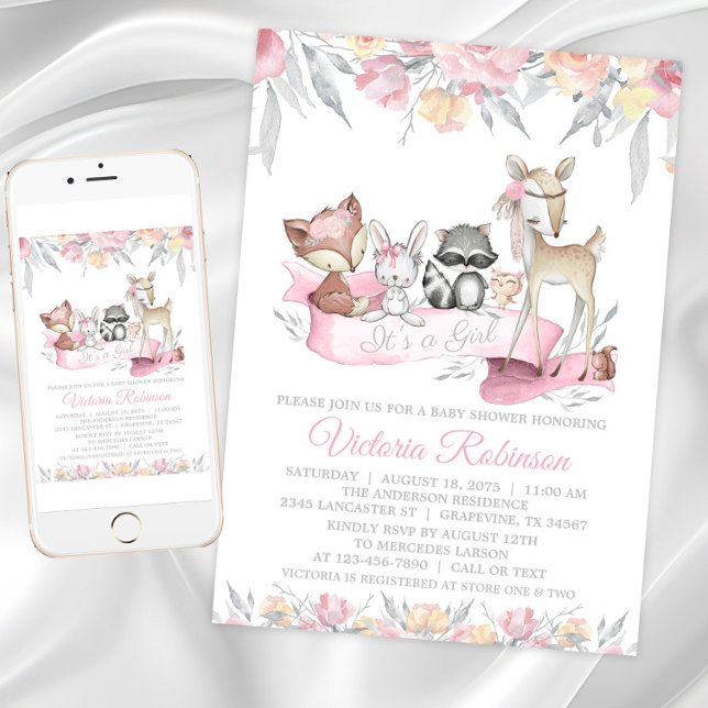 Convites Chá de Bebê Menina Animais da Floresta (Girls sweet woodland baby shower invitation. Instant download and printed invitations available.)