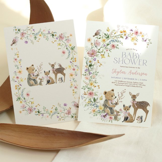 Convites Chá de Bebê Menina Animais Floresta Selvagem Suave (Criador carregado)