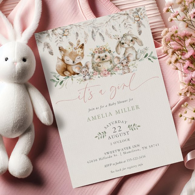 Convites Chá de Bebê Menina Animal Floresta Boho Fofo (Cute Boho Woodland Forest Animal Girl Baby Shower Invitation)
