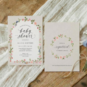 Convites Chá de Bebê Menina Arco Floral Aquarela Rosa Bege