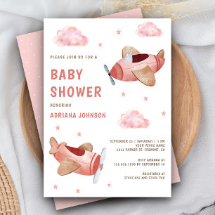 Convites Chá de Bebê Menina Aviões Rosa Vintage Retro Fofo
