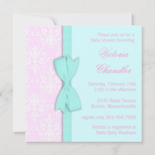 Convites Chá de Bebê Menina Azul Teal Rosa Damasco Elegante