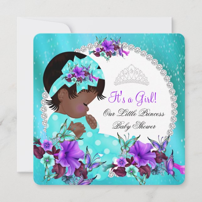 Convites Chá de Bebê Menina Azul Turquesa Roxo Floral (Frente)