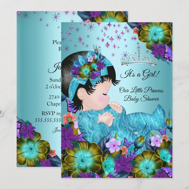 Convites Chá de Bebê Menina Azul Turquesa Roxo Floral (Frente/Verso)