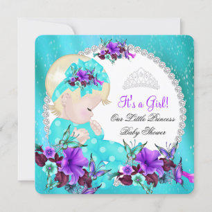 Convites Chá de Bebê Menina Azul Turquesa Roxo Floral 3