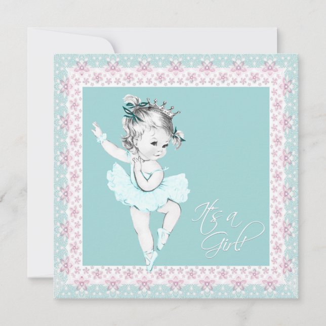 Convites Chá de Bebê Menina Bailarina Rosa Azul (Frente)