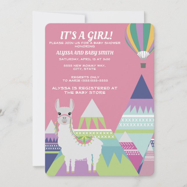 Convites Chá de Bebê Menina Balão Alpaca Rosa (Frente)