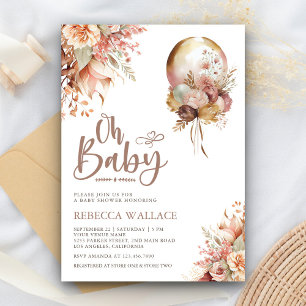 Convites Chá de Bebê Menina Balão Floral Boho Terroso