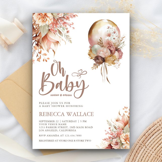Convites Chá de Bebê Menina Balão Floral Boho Terroso (Criador carregado)