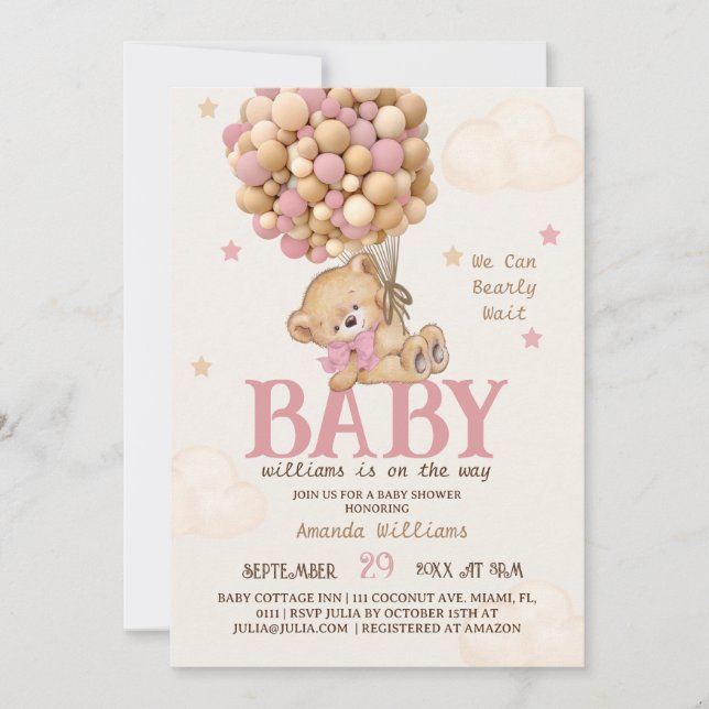 Convites Chá de Bebê Menina Balões Urso Rosa (Frente)