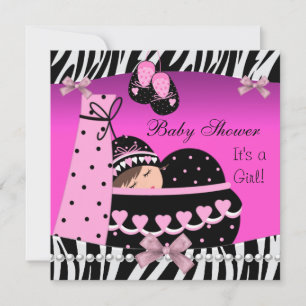 Convites Chá de Bebê Menina Bebê Fofo Estampa de Zebra Rosa