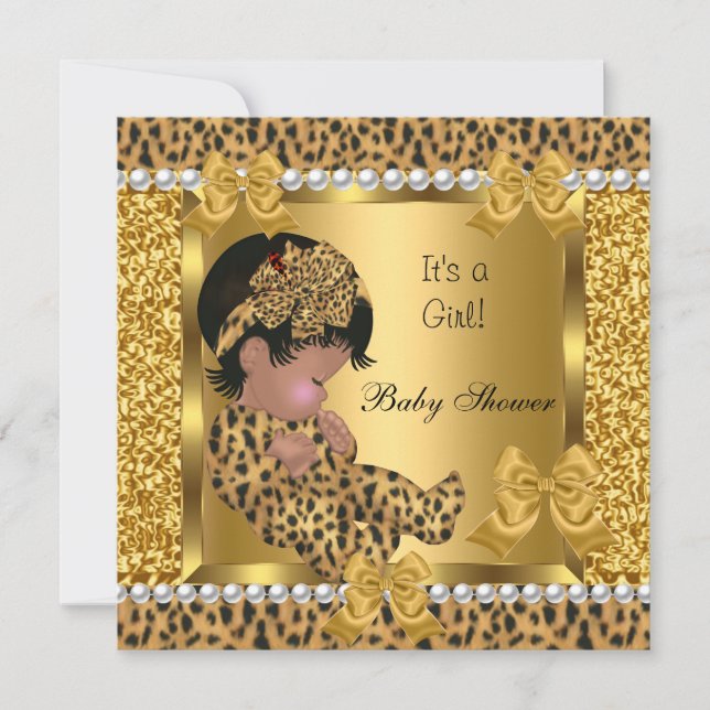 Convites Chá de Bebê Menina Bebê Fofo Leopardo Dourado 2 (Frente)