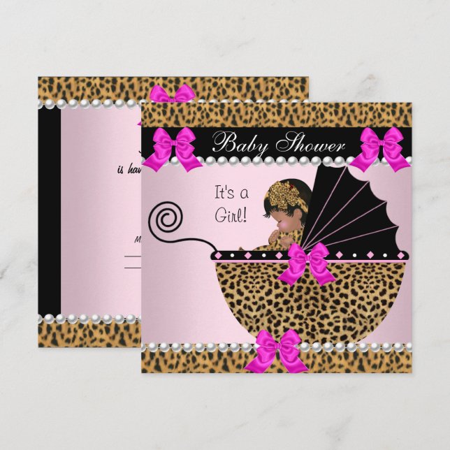 Convites Chá de Bebê Menina Bebê Fofo Leopardo Rosa Vibrant (Frente/Verso)