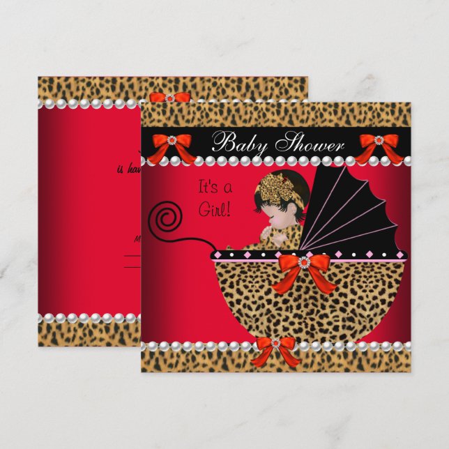 Convites Chá de Bebê Menina Bebê Fofo Leopardo Vermelho Laç (Frente/Verso)