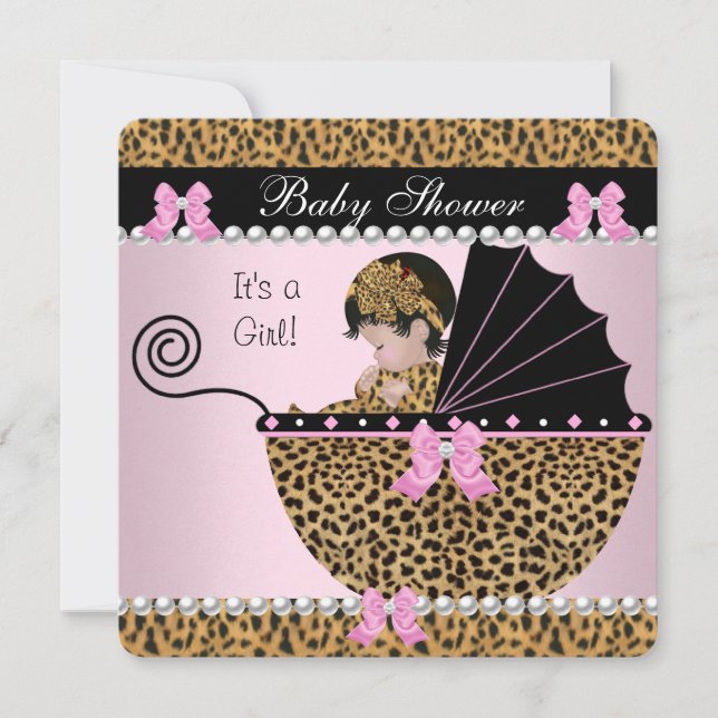 Convites Chá de Bebê Menina Bebê Fofo Rosa Arco Leopardo 2 (Frente)