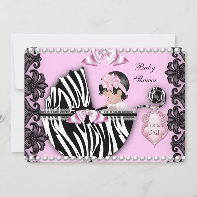Convites Chá de Bebê Menina Bebê Fofo Rosa Zebra Carrinho 2 (Frente)