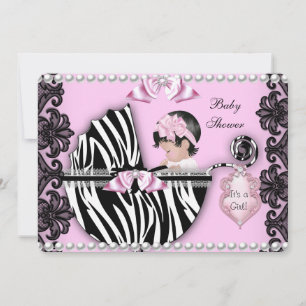 Convites Chá de Bebê Menina Bebê Fofo Rosa Zebra Carrinho 2