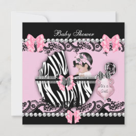 Convites Chá de Bebê Menina Bebê Fofo Rosa Zebra Renda 2