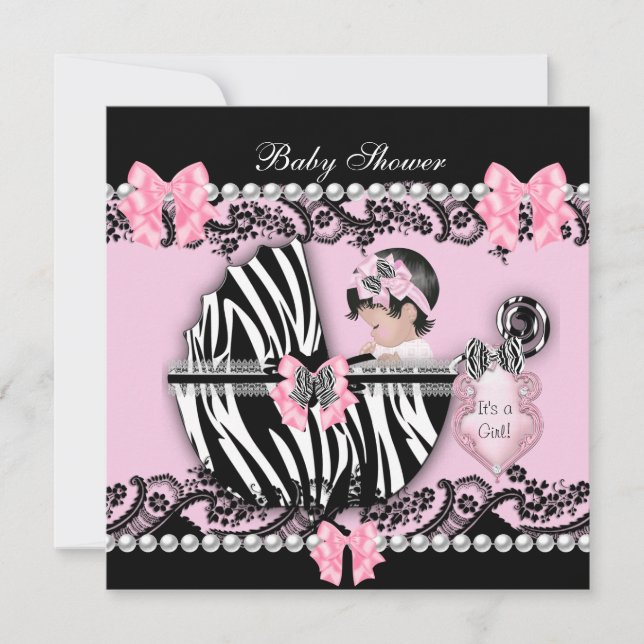 Convites Chá de Bebê Menina Bebê Fofo Rosa Zebra Renda 2 (Frente)