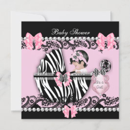 Convites Chá de Bebê Menina Bebê Fofo Rosa Zebra Renda 2
