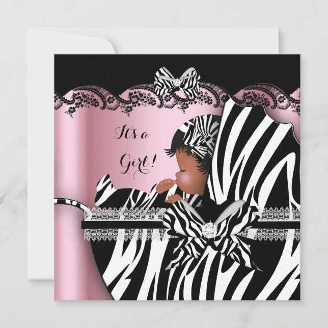 Convites Chá de Bebê Menina Bebê Fofo Zebra Rosa Carrinho d (Frente)