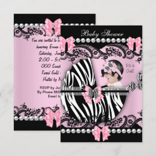 Convites Chá de Bebê Menina Bebê Fofo Zebra Rosa Renda