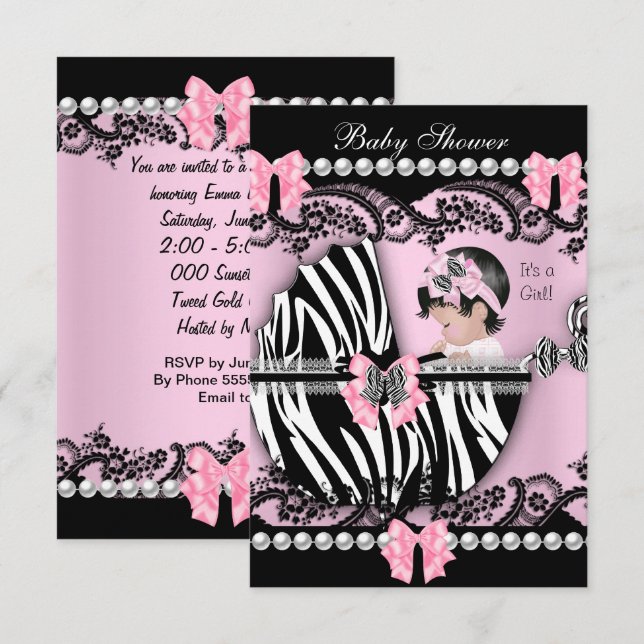 Convites Chá de Bebê Menina Bebê Fofo Zebra Rosa Renda (Frente/Verso)