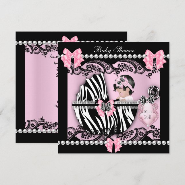 Convites Chá de Bebê Menina Bebê Fofo Zebra Rosa Renda (Frente/Verso)