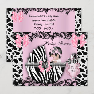 Convites Chá de Bebê Menina Bebê Fofo Zebra Rosa Renda 3