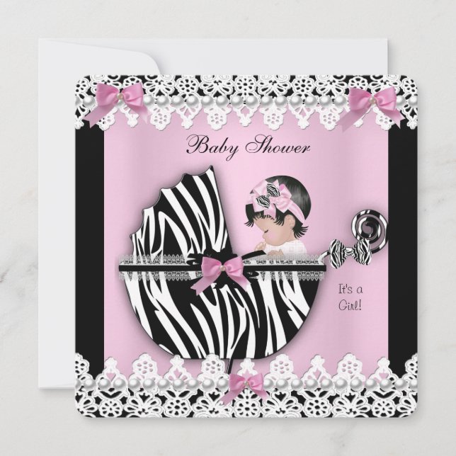 Convites Chá de Bebê Menina Bebê Fofo Zebra Rosa Renda a (Frente)