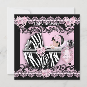 Convites Chá de Bebê Menina Bebê Fofo Zebra Rosa Renda NOVO