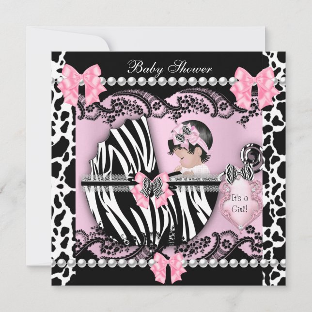 Convites Chá de Bebê Menina Bebê Fofo Zebra Vaca Renda Rosa (Frente)