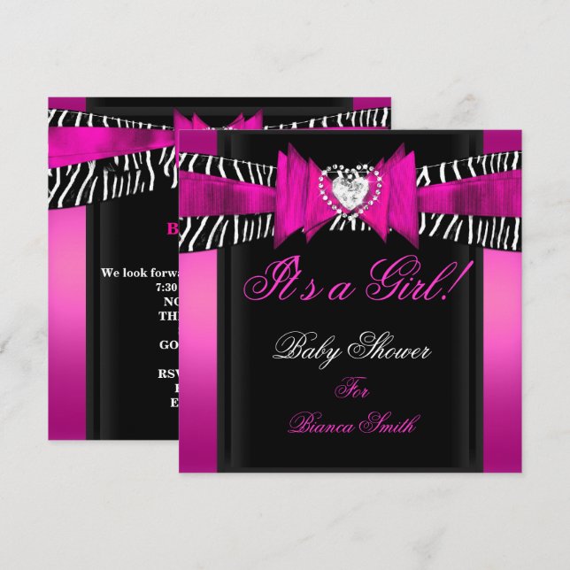 Convites Chá de Bebê Menina Bebê Rosa Quente Preto Zebra (Frente/Verso)