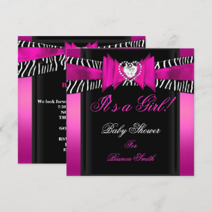 Convites Chá de Bebê Menina Bebê Rosa Quente Preto Zebra