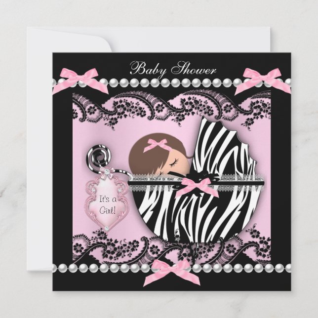 Convites Chá de Bebê Menina Bebê Rosa Zebra Renda (Frente)