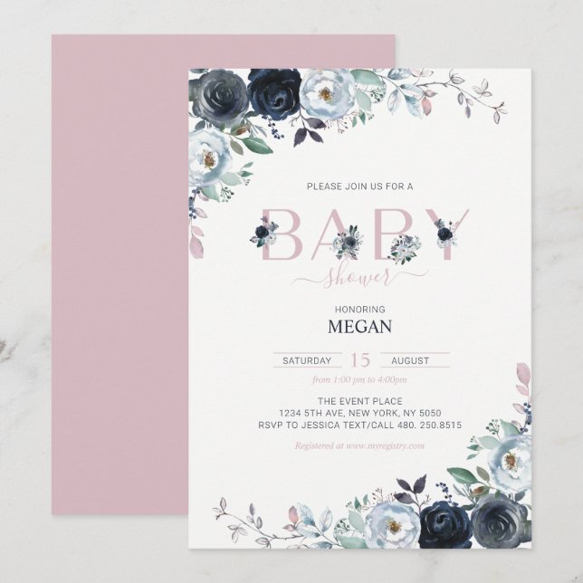 Convites Chá de Bebê Menina Boho Floral Rosa e Azul-Marinho (Frente/Verso)