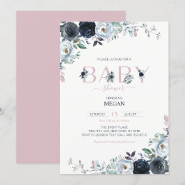 Convites Chá de Bebê Menina Boho Floral Rosa e Azul-Marinho